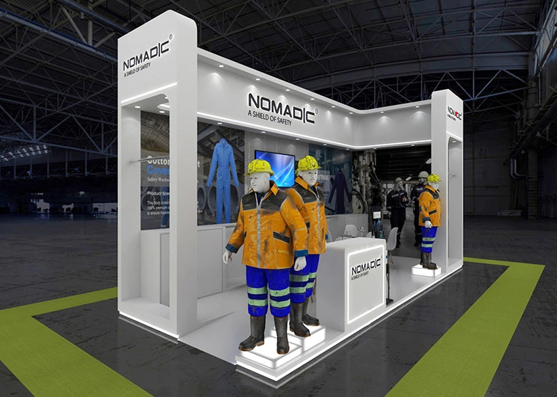 Nomadic booth at ADIPEC 2025 featuring premium FR and IFR workwear display for oil, gas, and energy sectors