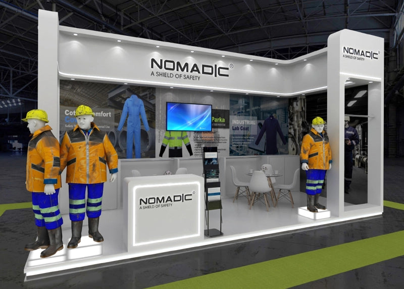 Nomadic exhibition booth at ADIPEC 2025 Abu Dhabi showcasing flame-resistant and industrial workwear for oil and gas professionals