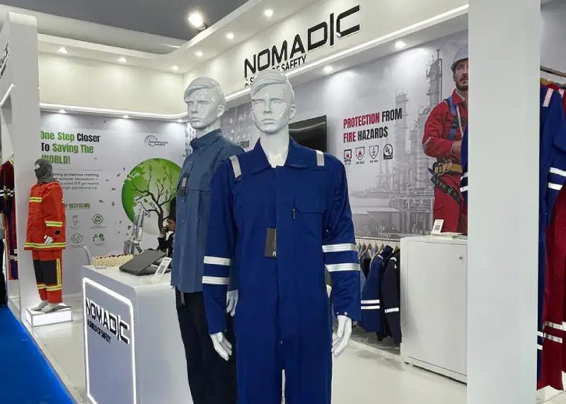 Nomadic booth side view at Intersec Dubai 2026 showcasing Certified IFR & FR Workwear for Oil & Gas.
