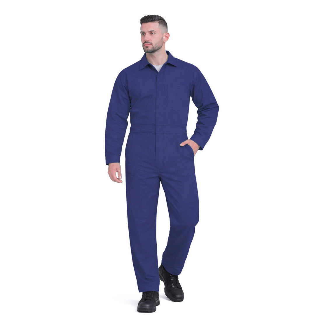 Weldsafe flame resistant 100% cotton coverall in navy blue with snap button closure and side pockets, lightweight FR workwear for light welding and industrial safety