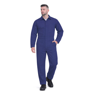 Weldsafe flame resistant 100% cotton coverall in navy blue with snap button closure and side pockets, lightweight FR workwear for light welding and industrial safety